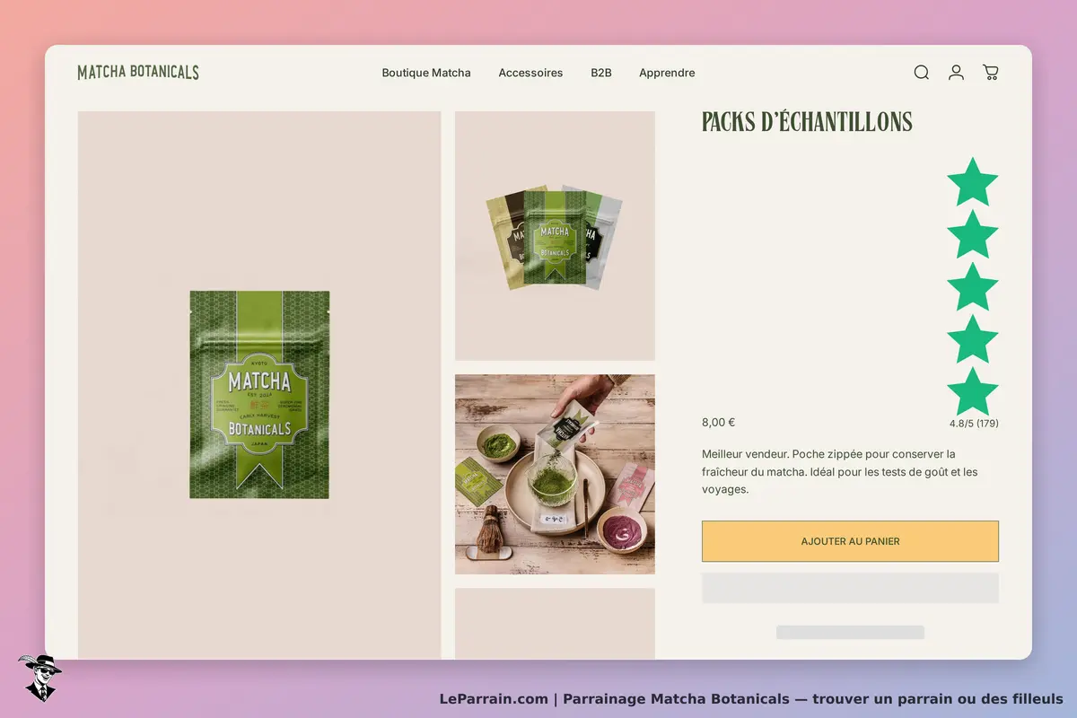 Matcha Botanicals : affichage d'un sachet de matcha et d'échantillons sur la page produit