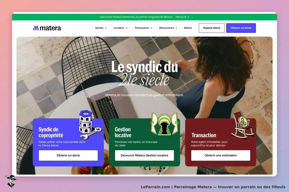Matera : page d'accueil avec options de services et une personne utilisant un smartphone