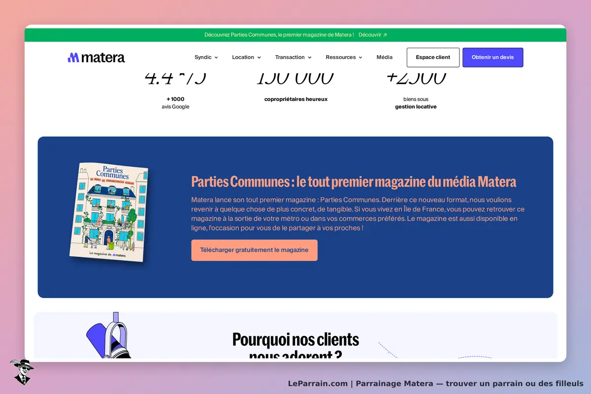 Matera : page d'accueil présentant le magazine "Parties Communes" avec un bouton de téléchargement