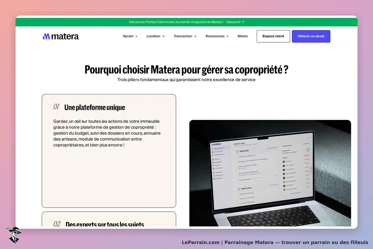 Matera : page d'accueil présentant les avantages de la gestion de copropriété avec un ordinateur