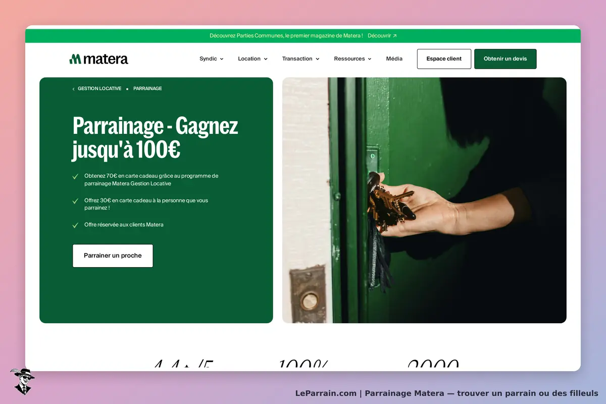 Matera : page d'accueil avec programme de parrainage et image d'une main tenant des clés