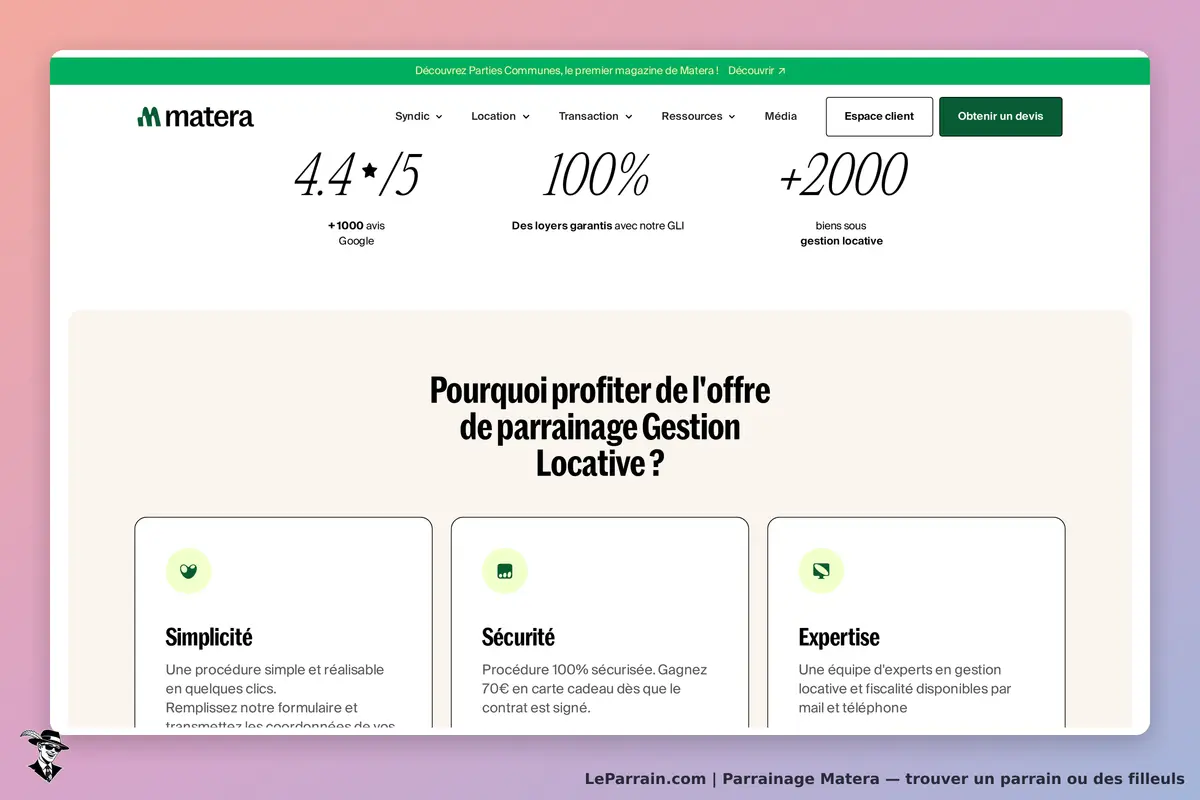 Matera : page d'accueil avec évaluation, statistiques et avantages du parrainage en gestion