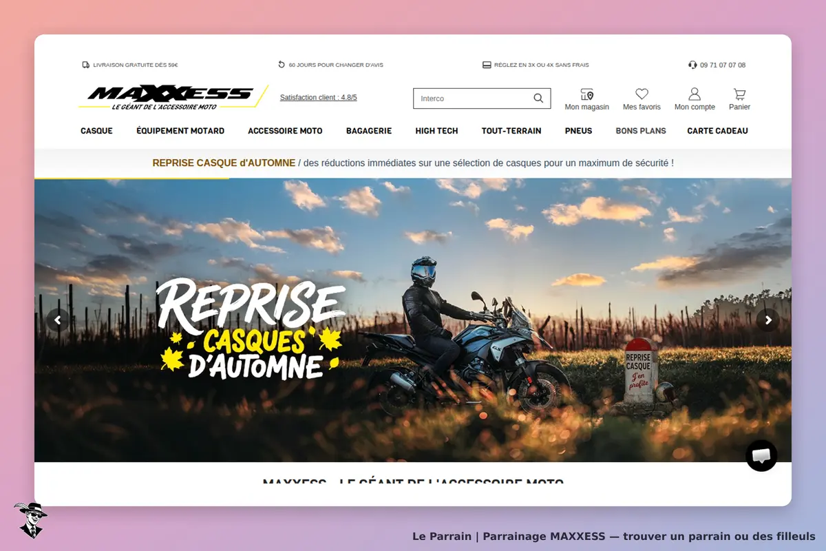 MAXXESS : page d'accueil avec un motard sur une moto et un message sur la reprise de casques