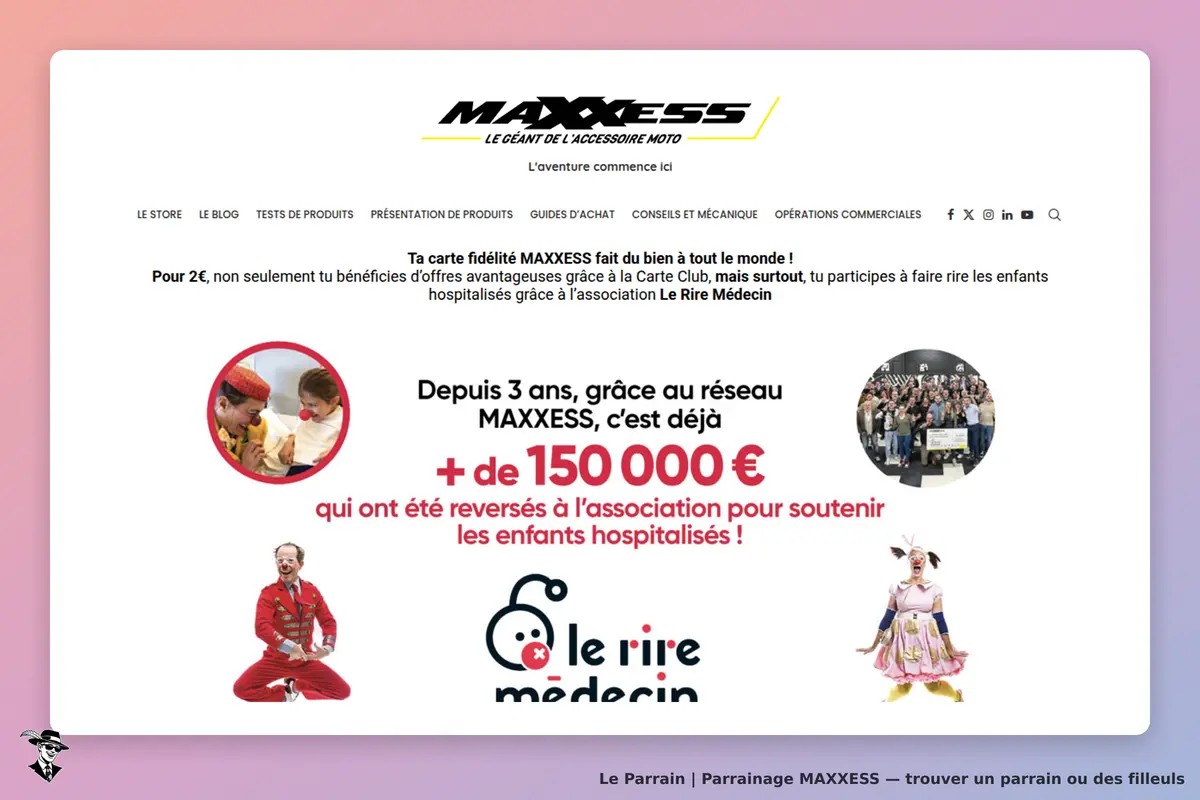 MAXXESS : page d'accueil avec informations sur la carte fidélité et l'association Le Rire Médecin