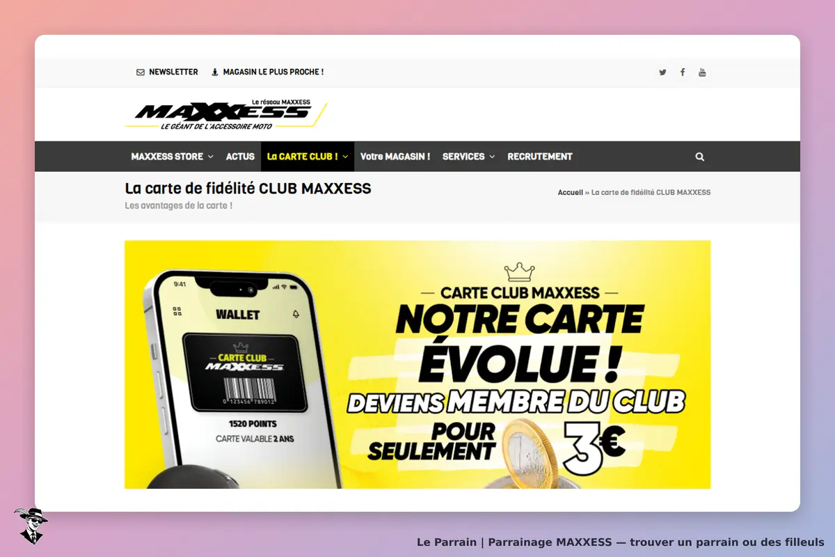 MAXXESS : page sur la carte de fidélité avec un smartphone affichant des informations sur la carte