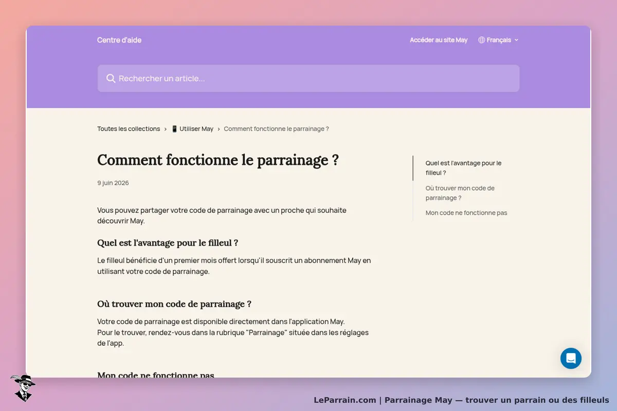 May : page d'aide sur le fonctionnement du parrainage avec plusieurs questions-réponses