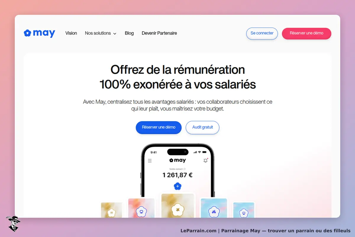 May : page d'accueil présentant une offre de rémunération et une application mobile