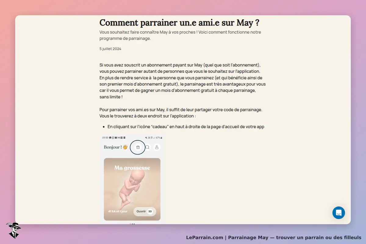 May : explication du programme de parrainage avec capture d'écran de l'application mobile