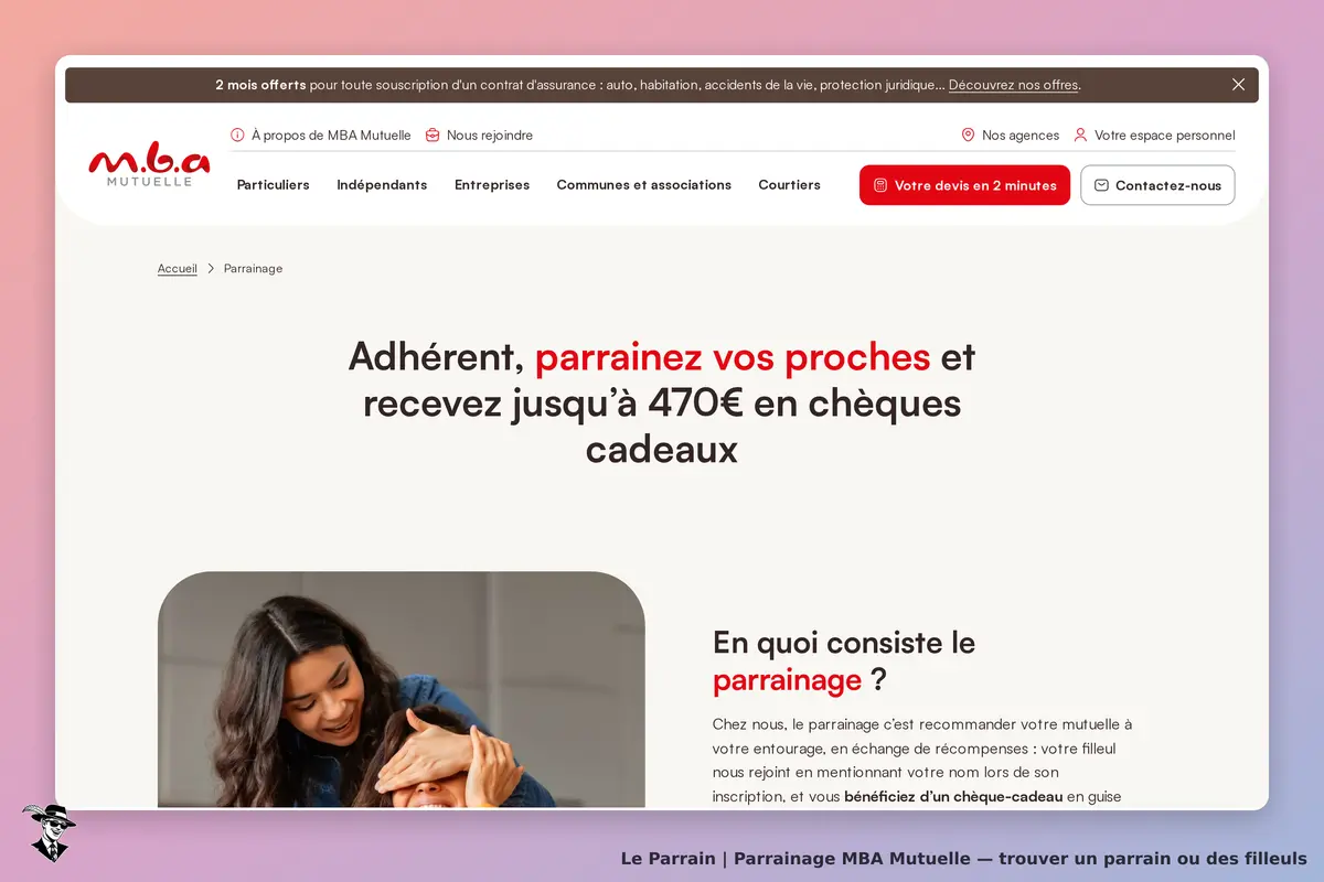 MBA Mutuelle : page d'accueil avec un message sur le parrainage et une image de deux personnes