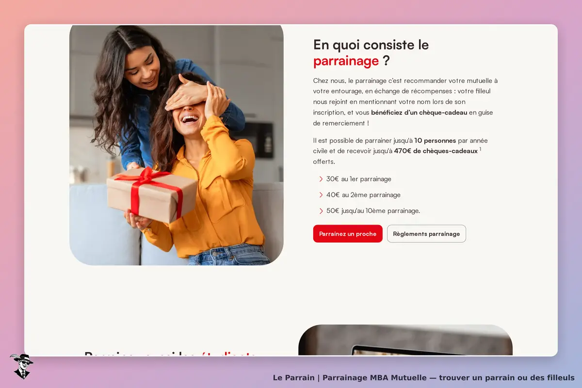 MBA Mutuelle : deux femmes souriantes, l'une offrant un cadeau à l'autre sur un canapé