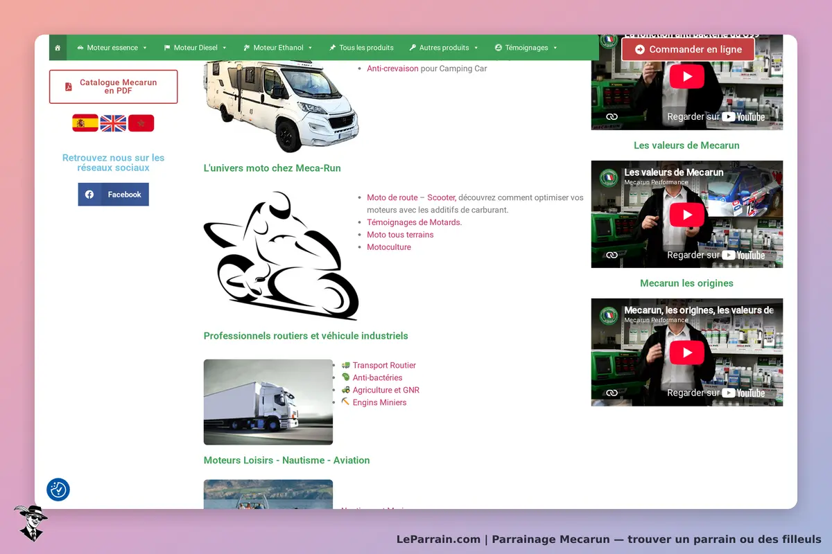 Mecarun : page d'accueil avec produits, vidéos et sections sur motos et véhicules industriels