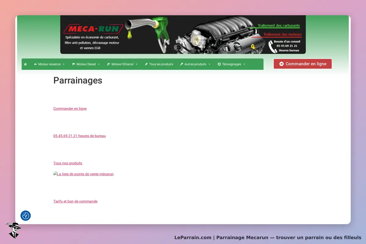 Mecarun : meca-Run : page de parrainages avec options de commande et informations de contact