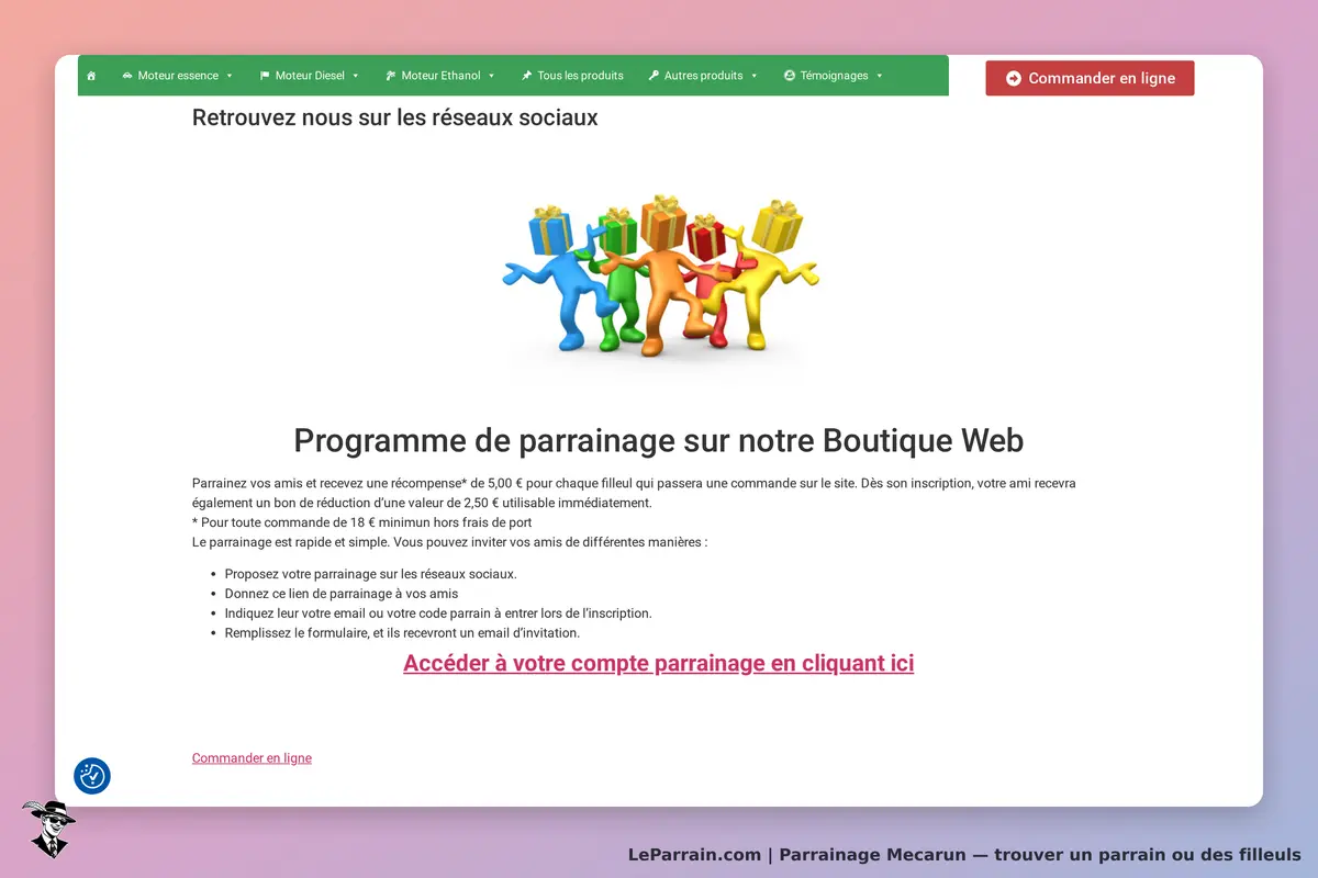 Mecarun : page d'accueil présentant le programme de parrainage avec des personnages colorés