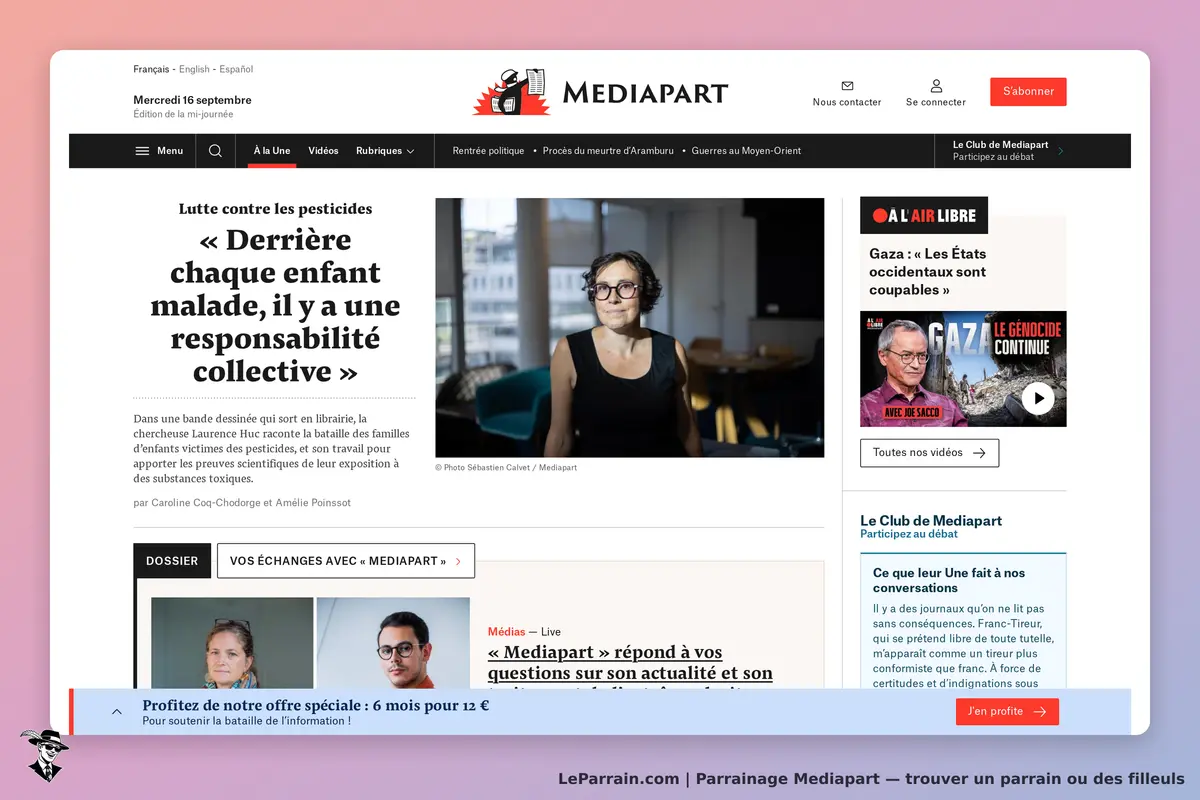 Mediapart : page d'accueil avec un article sur les pesticides et une photo d'une chercheuse