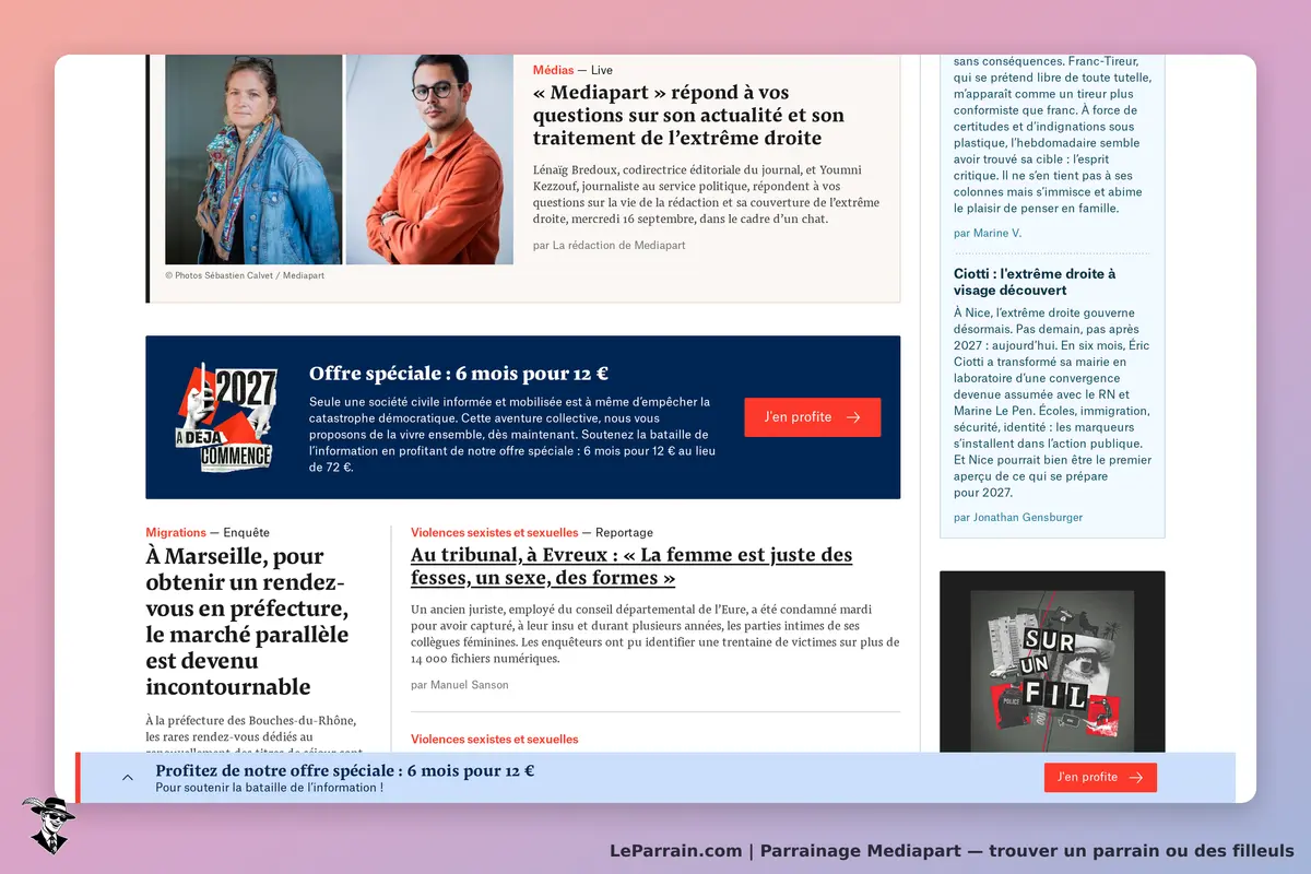 Mediapart : page d'accueil avec articles et offre spéciale en haut de la page