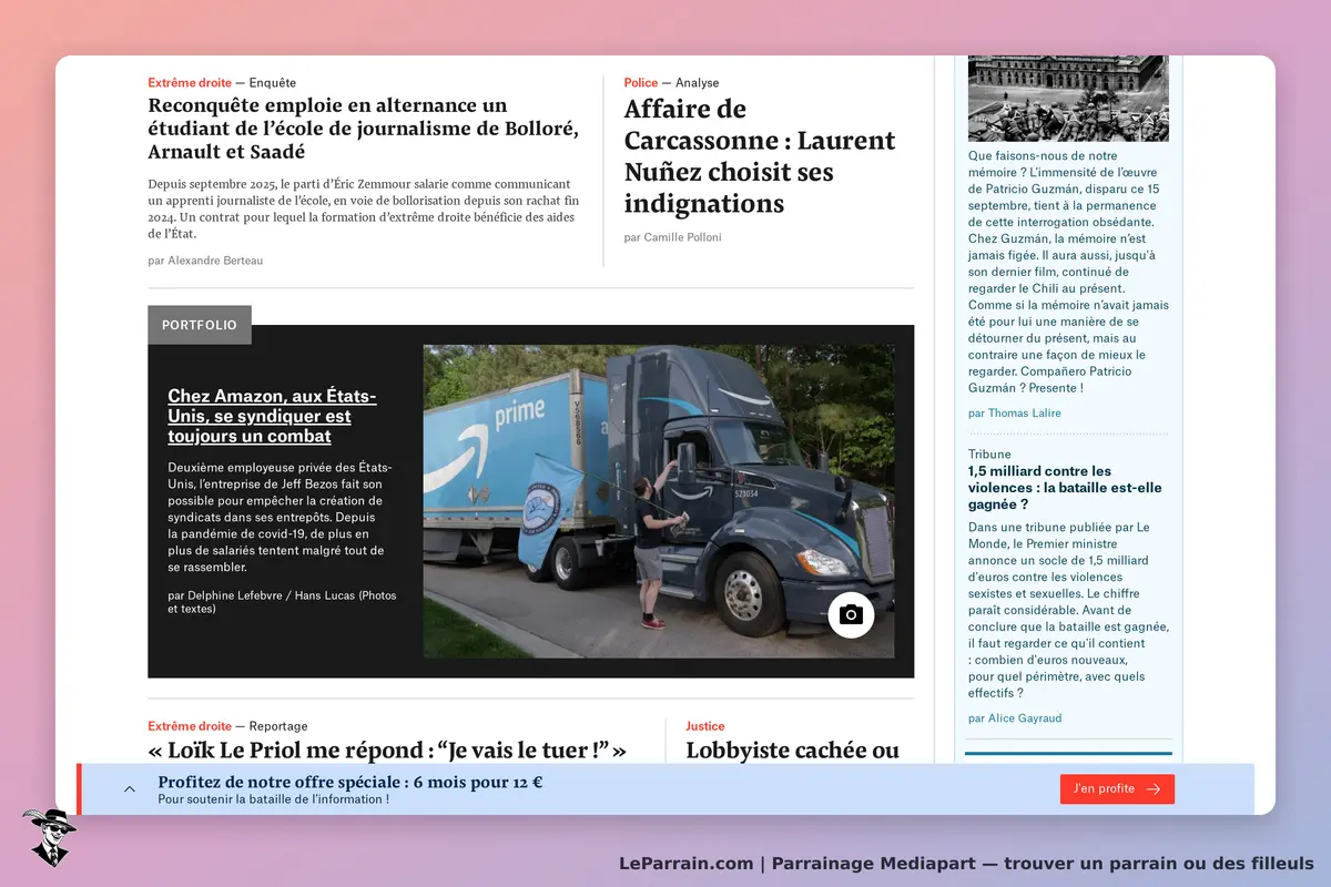 Mediapart : page d'accueil avec articles et image d'un camion Amazon