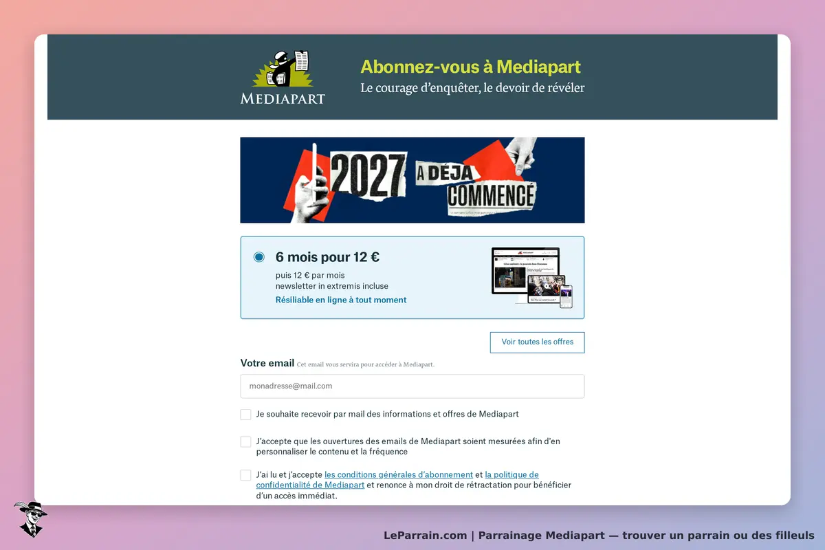 Mediapart : page d'abonnement avec formulaire et informations sur l'offre d'essai