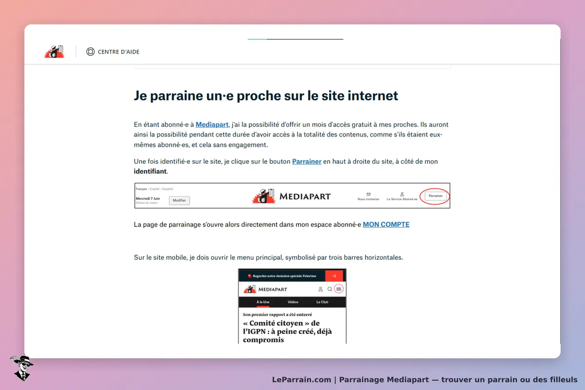 Mediapart : page d'aide sur le parrainage avec options de langue et bouton Parrainez