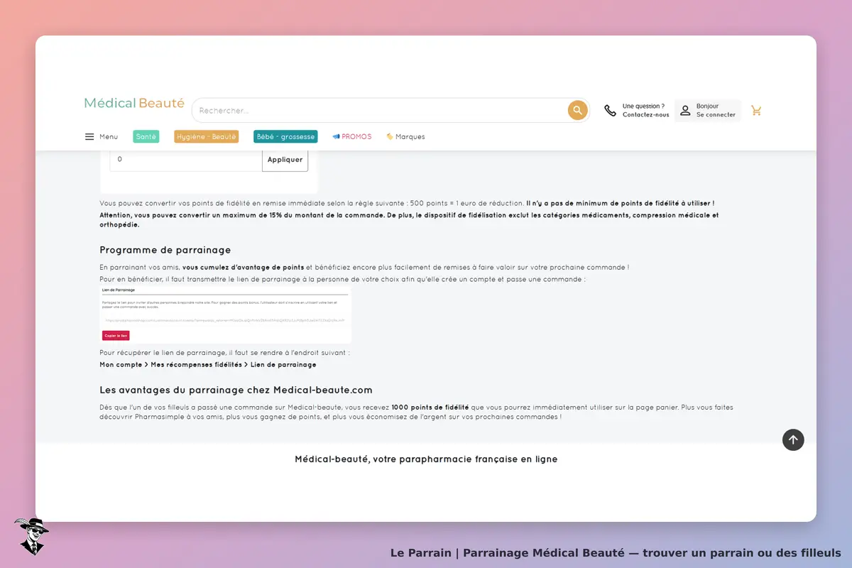 Médical Beauté : page d'accueil présentant le programme de parrainage et un formulaire de lien