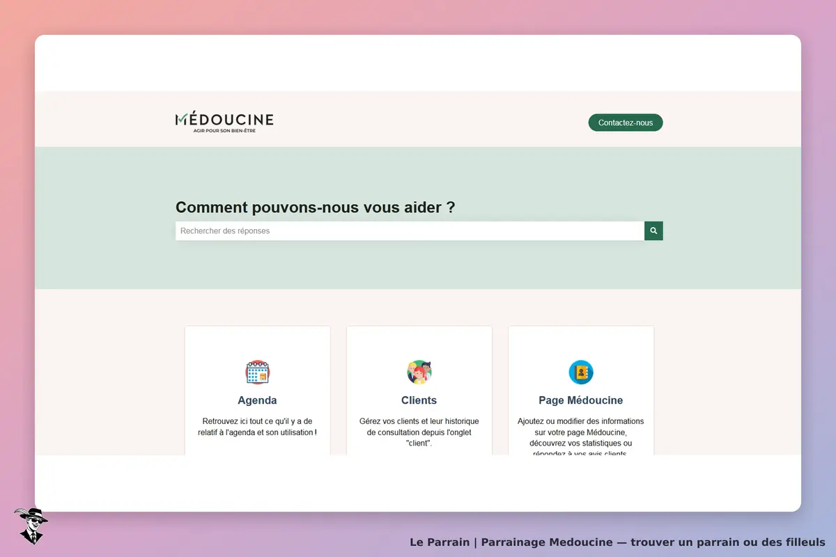 Medoucine : page d'accueil avec une barre de recherche et trois sections d'aide