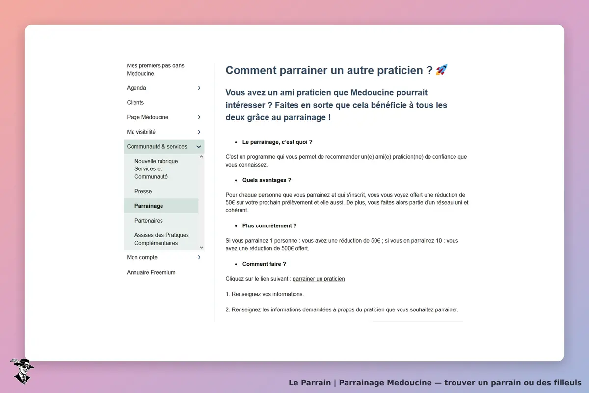 Medoucine : page d'information sur le parrainage d'autres praticiens