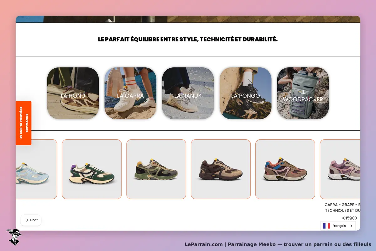 Meeko : page d'accueil présentant des chaussures et sacs avec images et descriptions