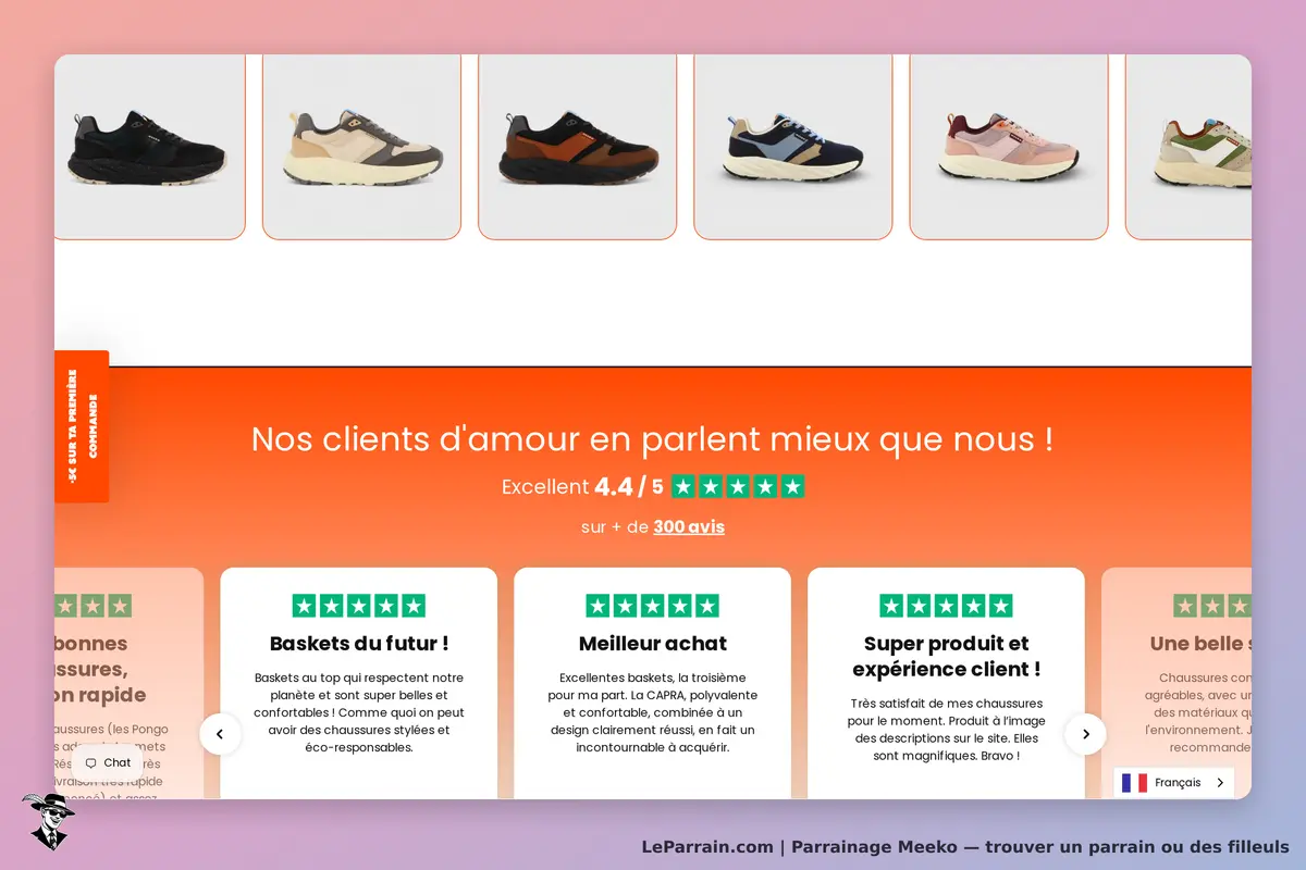 Meeko : page d'accueil avec des baskets et des avis clients en vedette
