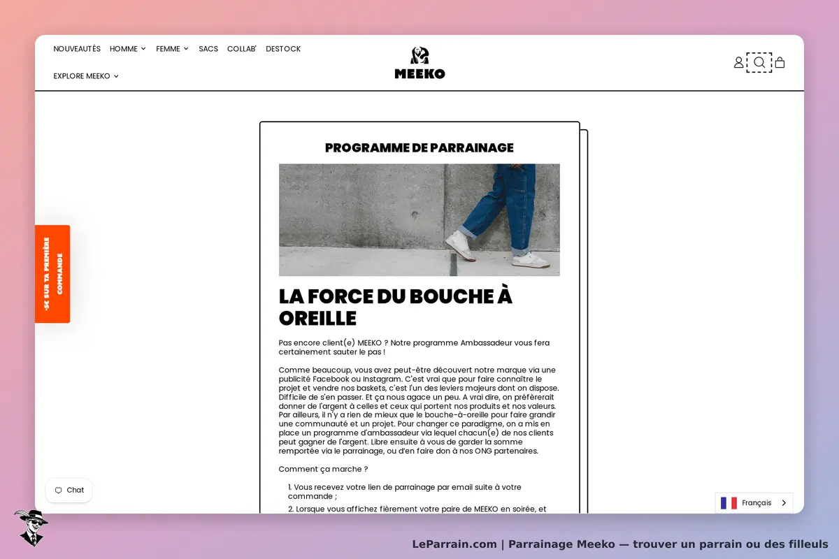 Meeko : programme de parrainage avec texte et image d'une personne en tenue décontractée