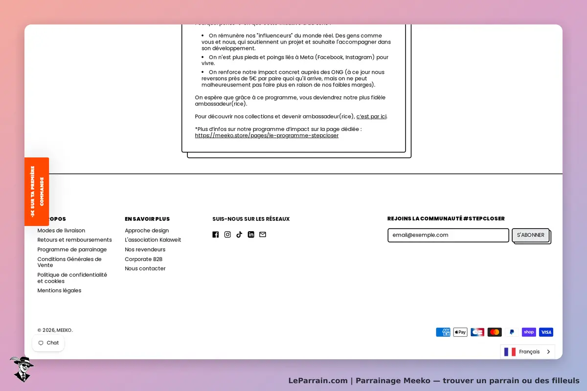 Meeko : section inférieure de la page avec des liens et un formulaire d'inscription à la newsletter
