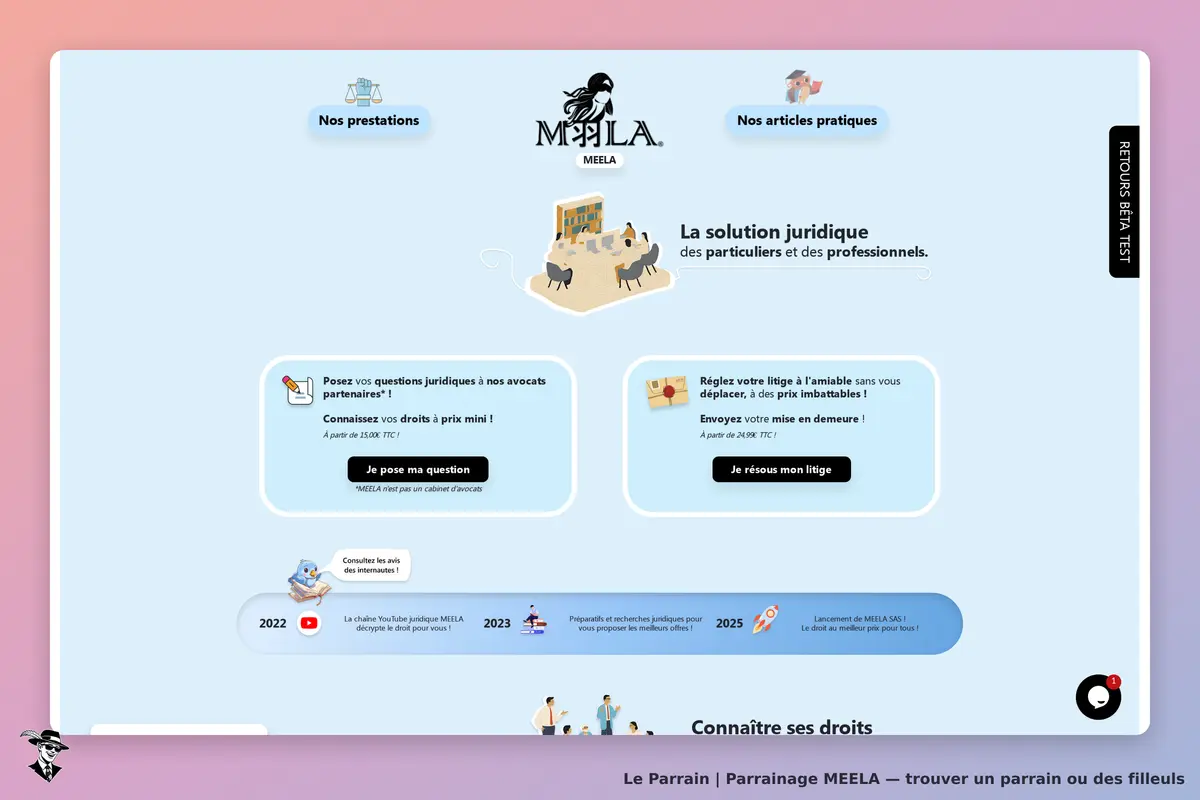 MEELA : page d'accueil avec services juridiques et options de contact pour questions et litiges