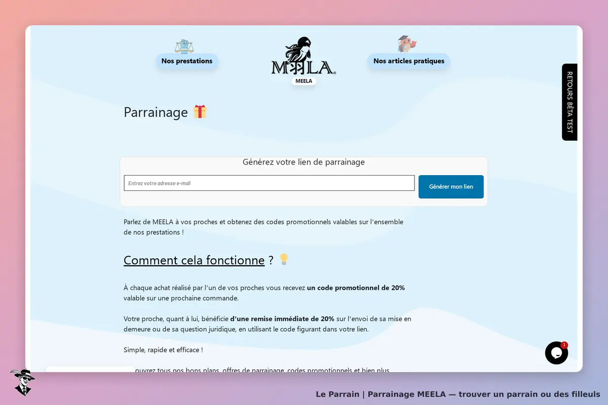 MEELA : page de parrainage avec formulaire pour générer un lien et explications du fonctionnement