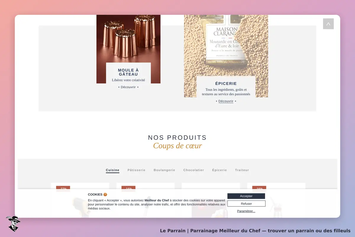 Meilleur du Chef : page d'accueil avec produits, moules à gâteau et épicerie en avant