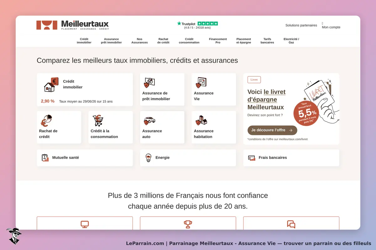 Page d'accueil Meilleurtaux : comparateur de crédits et assurances avec offres attractives.