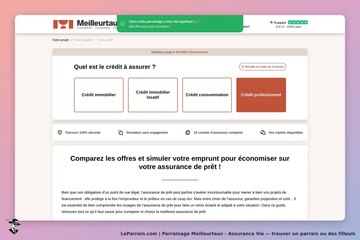 Capture d'écran du site Meilleurtaux sur l'assurance vie et comparaison de crédits.