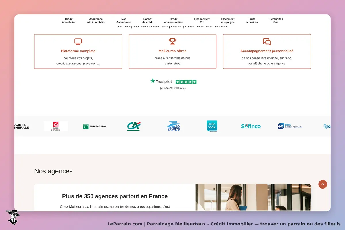 Plateforme Meilleurtaux pour crédit immobilier et assurances avec partenaires divers.