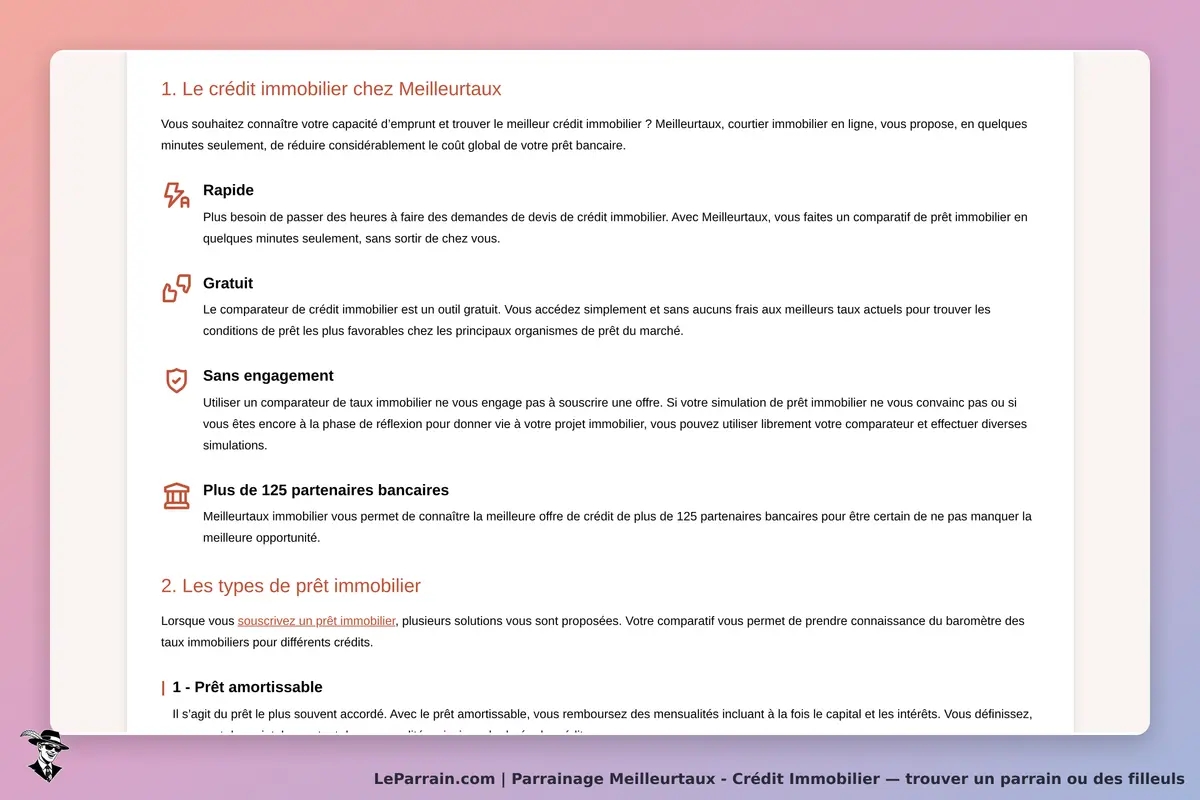 Comparatif de crédit immobilier sur Meilleurtaux, rapide et gratuit, avec 125 partenaires.