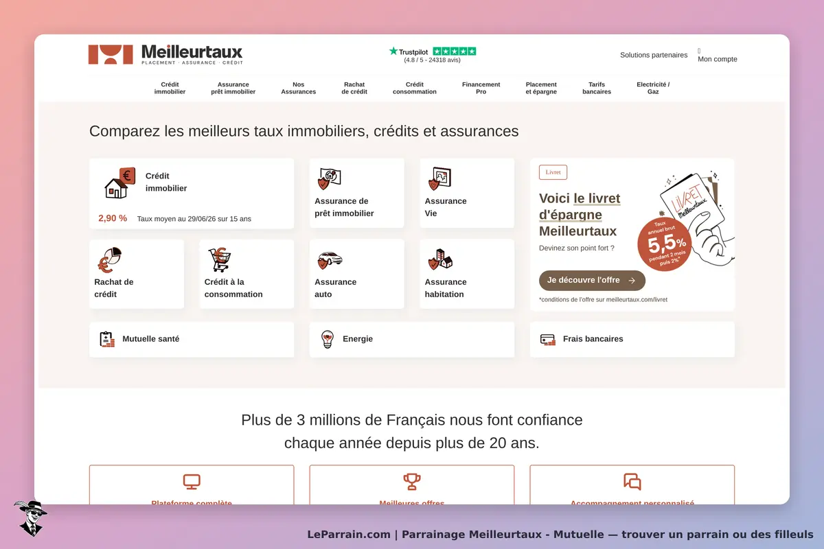 Page d'accueil de Meilleurtaux, comparatif de taux immobiliers et assurances.