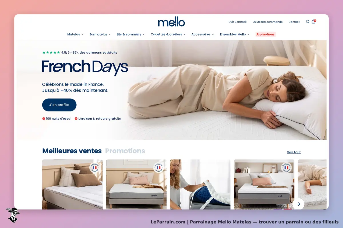 Mello Matelas : mello : page d'accueil avec une femme allongée sur un matelas, promotions visibles