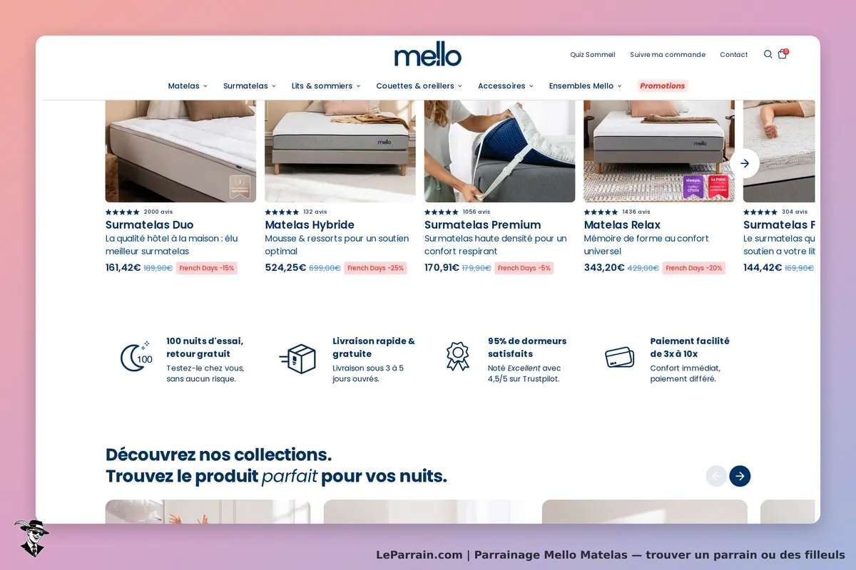 Mello Matelas : mello : page d'accueil présentant divers matelas avec descriptions et évaluations