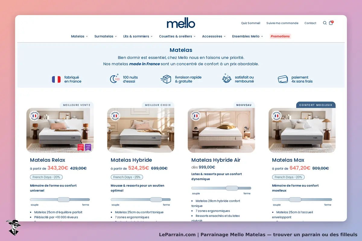 Mello Matelas : mello : vue de la catégorie matelas avec plusieurs modèles affichés et leurs