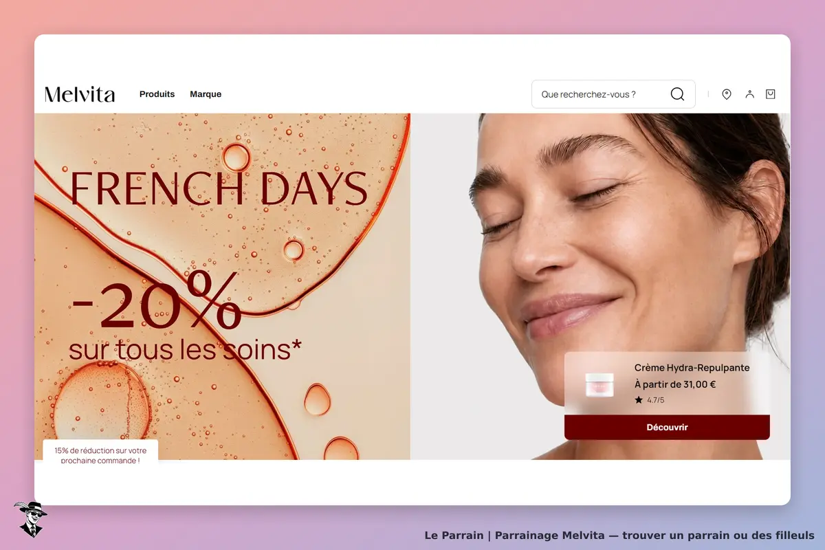 Melvita : page d'accueil avec une promotion et une image d'une femme souriante