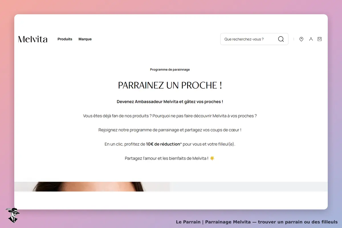 Melvita : page d'accueil présentant le programme de parrainage et ses avantages