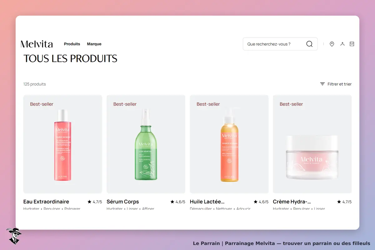 Melvita : page affichant plusieurs produits avec des étiquettes "Best-seller" et notes
