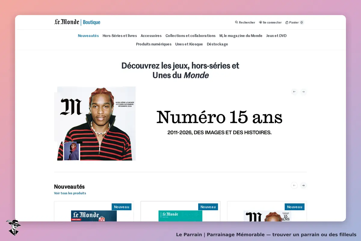 Mémorable : le Monde : page d'accueil présentant le numéro 15 ans et des produits en nouveauté