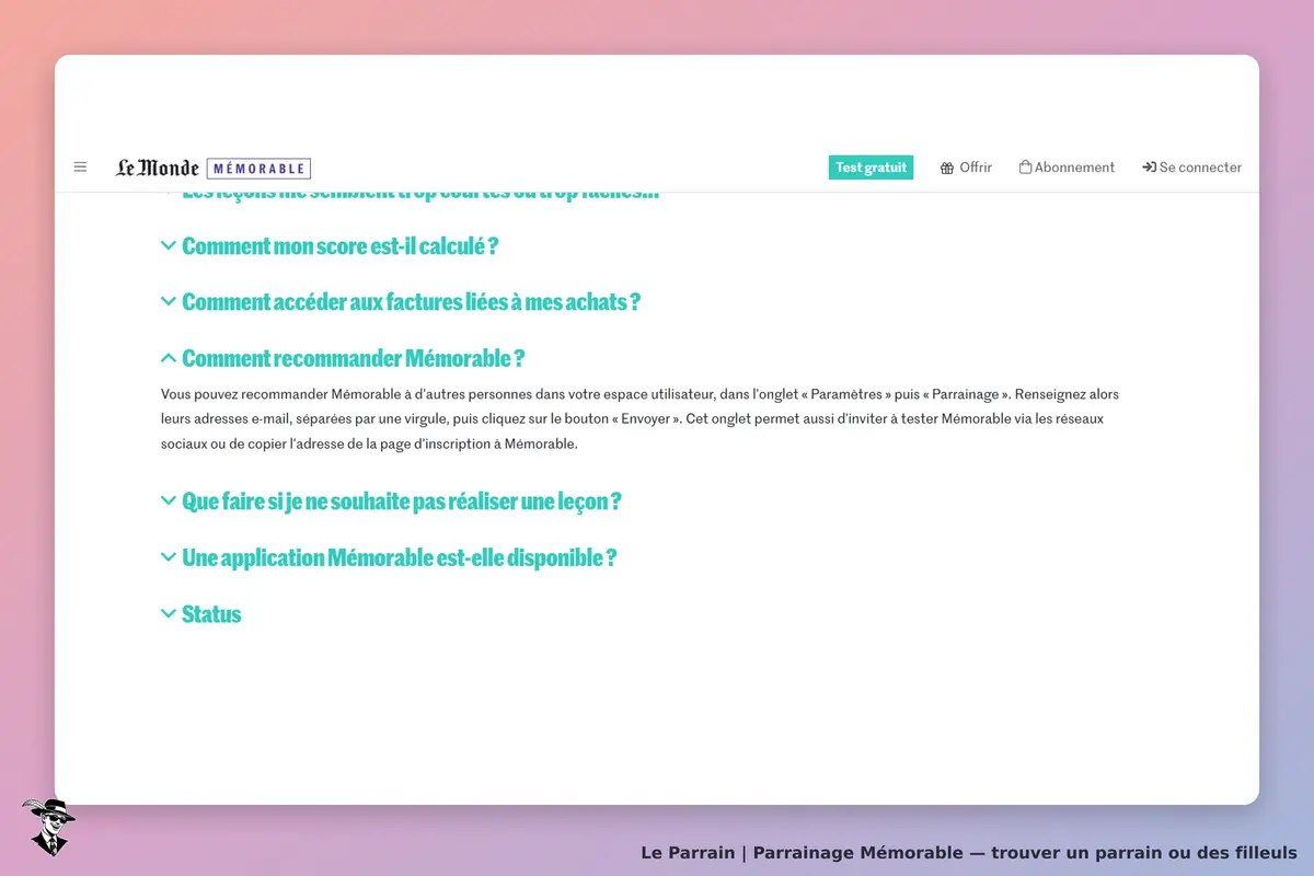 Mémorable : page d'accueil avec questions fréquentes sur le parrainage et navigation en haut
