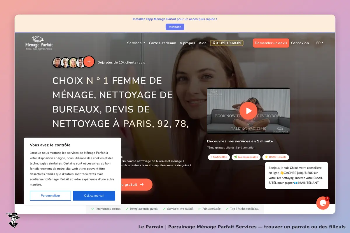 Ménage Parfait Services : ménage Parfait : page d'accueil avec une femme souriante et un bouton