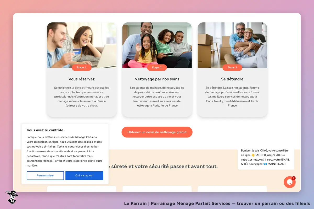 Ménage Parfait Services : page d'accueil avec étapes de réservation et message de contrôle des