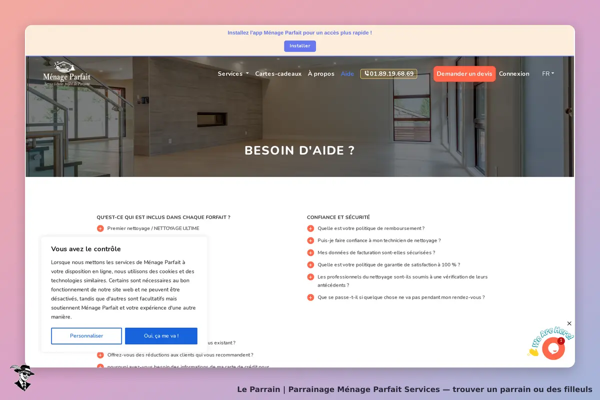 Ménage Parfait Services : ménage Parfait : page d'accueil avec section d'aide et questions