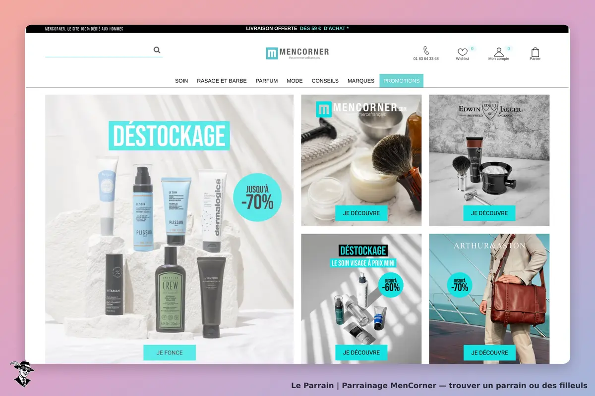 MenCorner : page d'accueil avec produits de soin et promotions visibles sur un fond clair