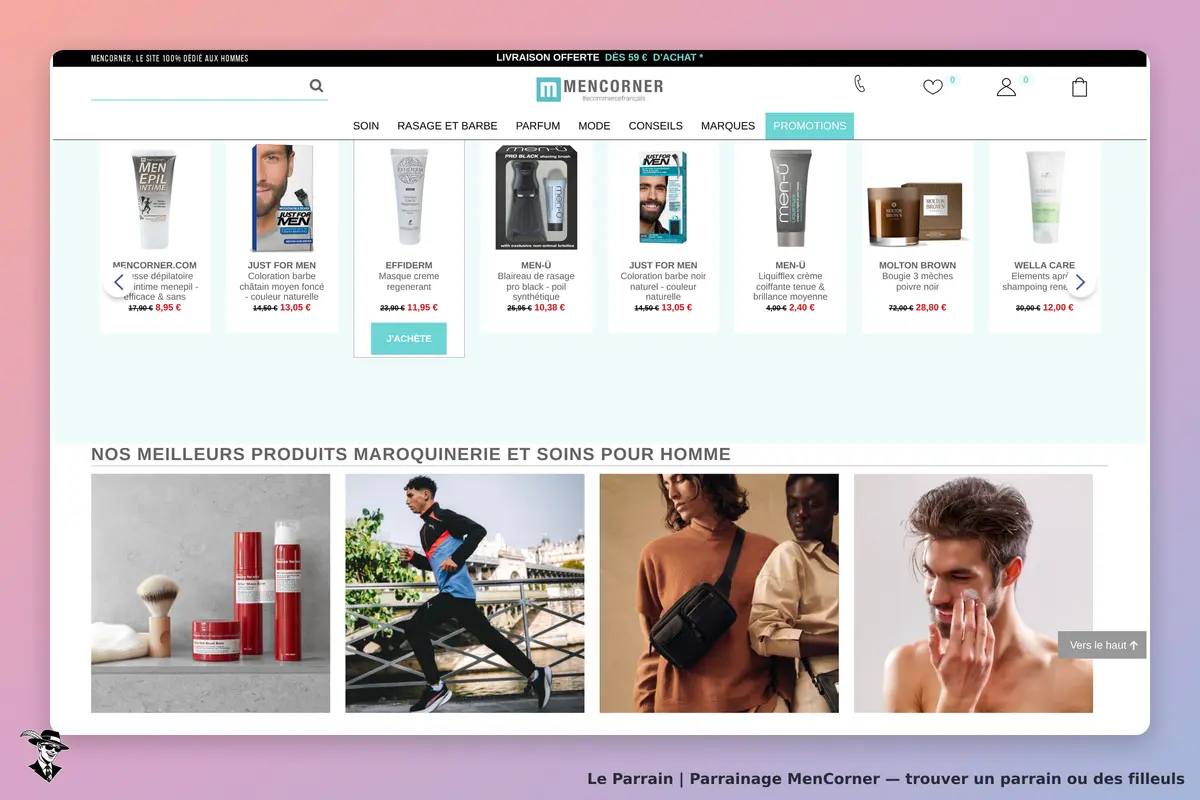 MenCorner : page d'accueil avec produits de soin et images de mode pour hommes